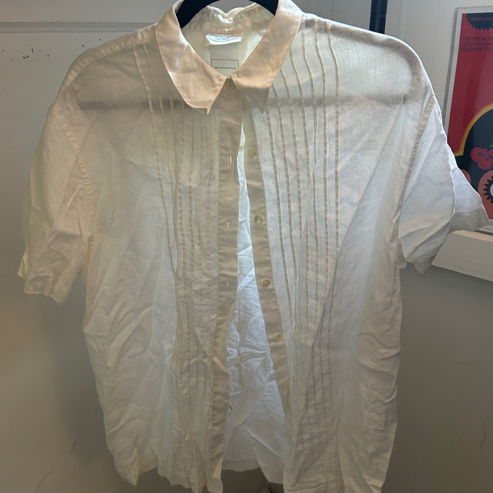 Vintage Laura Ashley 100% Linen White Casual Button Down Shirt